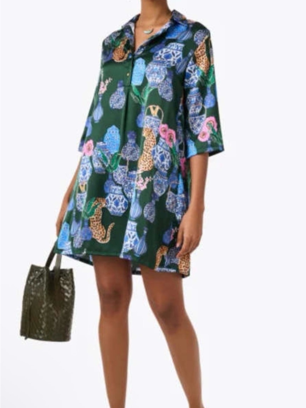 Vilagallo Tyanna Green Porcelain Print Dress Sz 44 (Large)
